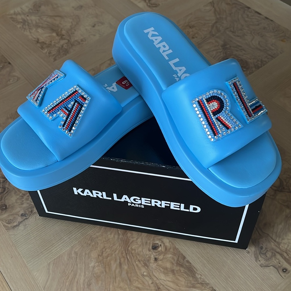 Karl LAGERFELD Women’s Platform Leather upper Sandals Slip On Colour Light Blue - Picture 2 of 8